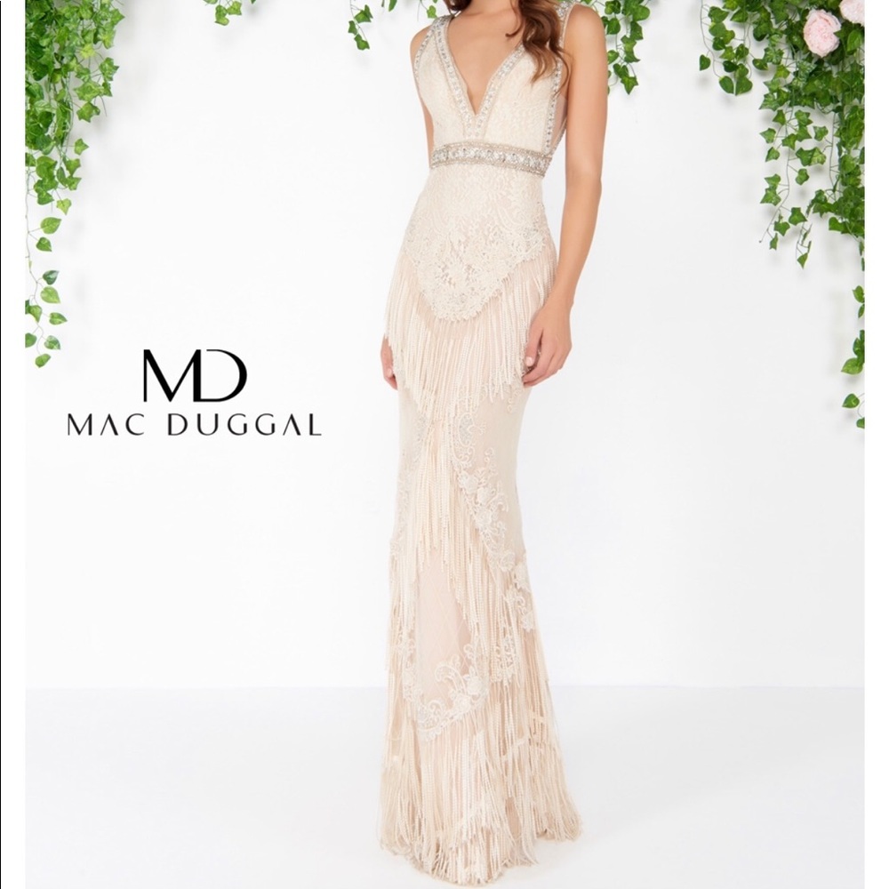 Mac Duggal Fringe Dress - nude/Ivory